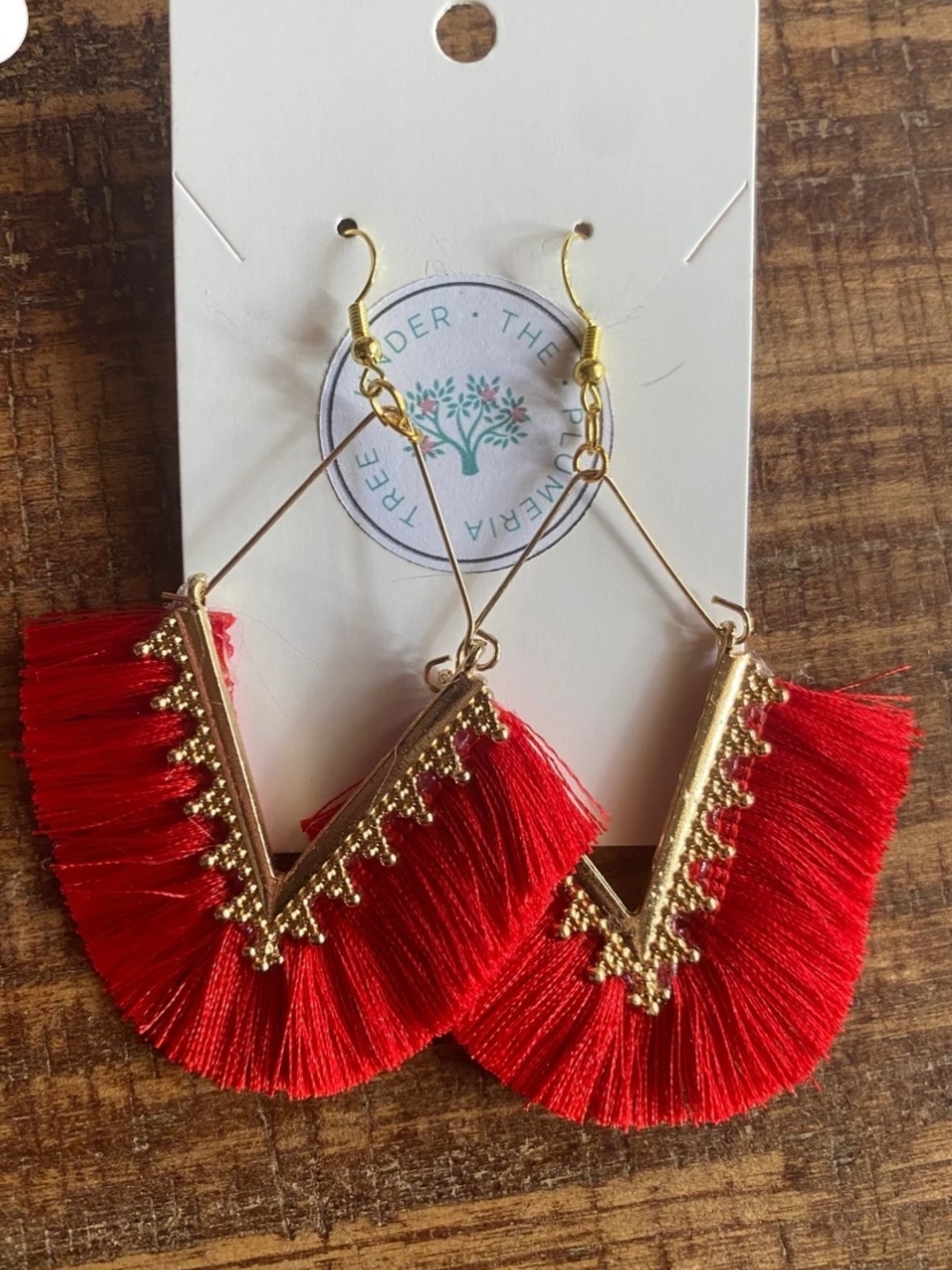 Gold V-Frame Red Tassel Drop Earrings